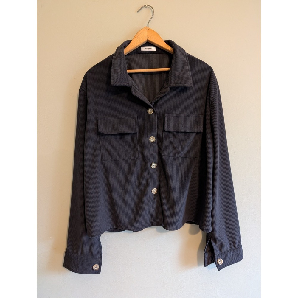 Women Cropped Corduroy Button Up Shirt Size 2XL Black Flap Pocket Oversized Boxy